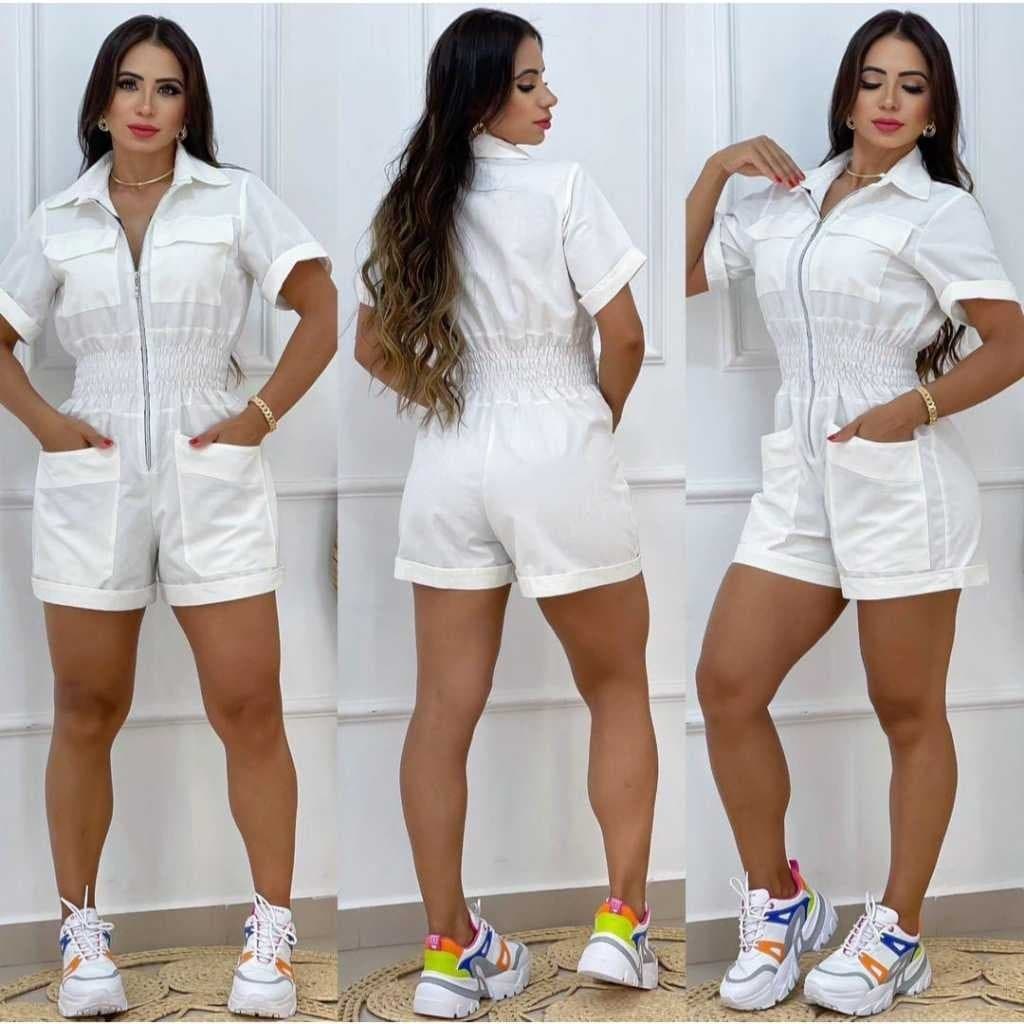 Macaquinho Feminino Branco de Linho Curto C/ Zíper Frontal Macacão Com Manga Moda Verão Elegante