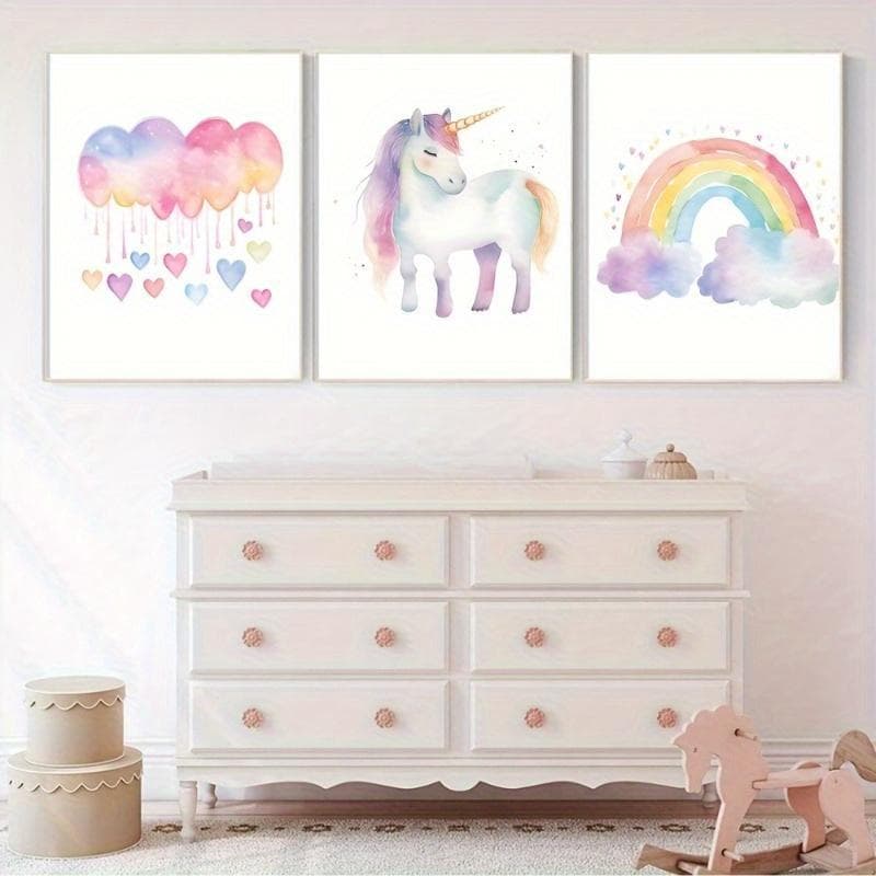 Conjunto de 4 peças Pintura de Chuva Amorosa Arco-íris Unicórnio dos Sonhos em Desenho Animado,