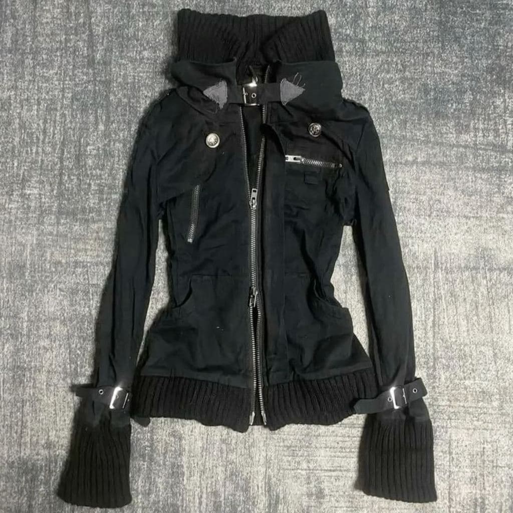 Casual Preto Com Capuz Zíper Gola Canelada Moletom Fino Ajuste Manga Comprida Outono/Inverno Estilo Rua Y2K Jaqueta Femi