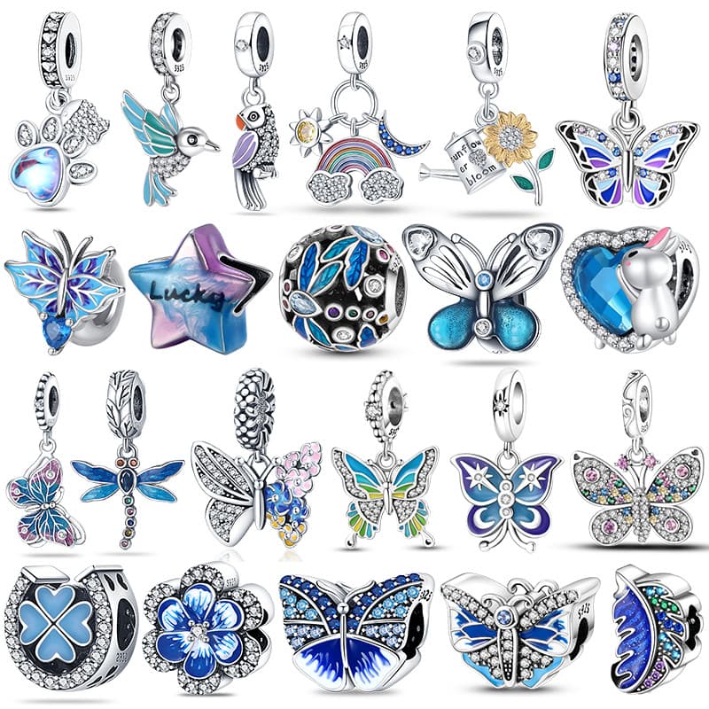 Encantos Charme 925 Prata Azul Libélula Série Borboleta Pássaro Pansy Cabide Ajuste Diâmetro Pulseira De Trabalho