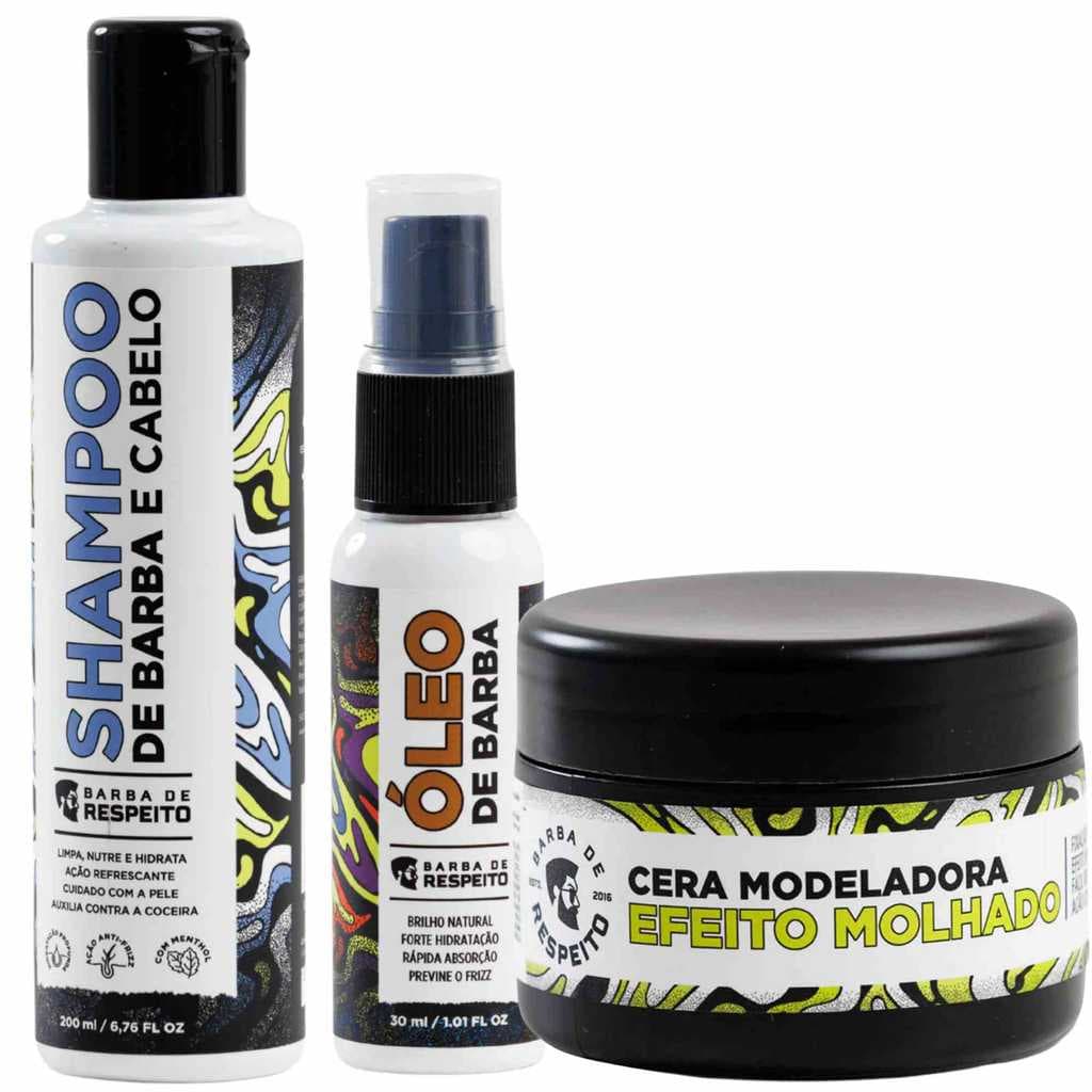 Kit Barba de Respeito Shampoo 200ml + Óleo 30ml +  Cera Modeladora 55g - Efeito Molhado