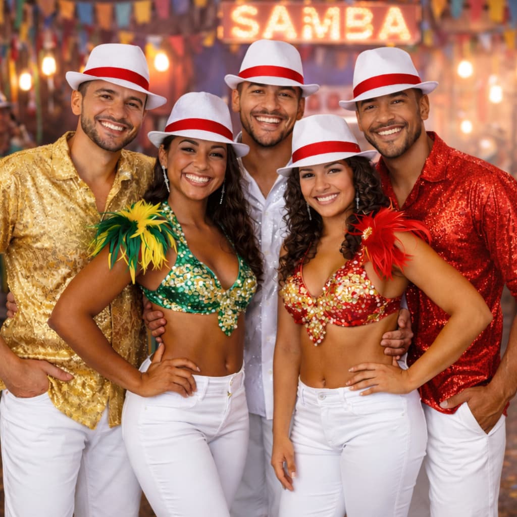 Kit 5 Chapéus Malandro Sambista Branco em Tela Panamá Fita Vermelha Adulto Carnaval Fantasia