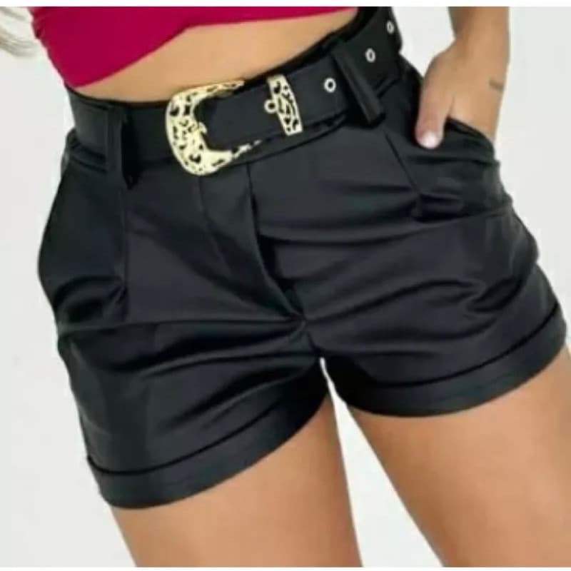 Shorts Couro Fake Feminino Com Cinto