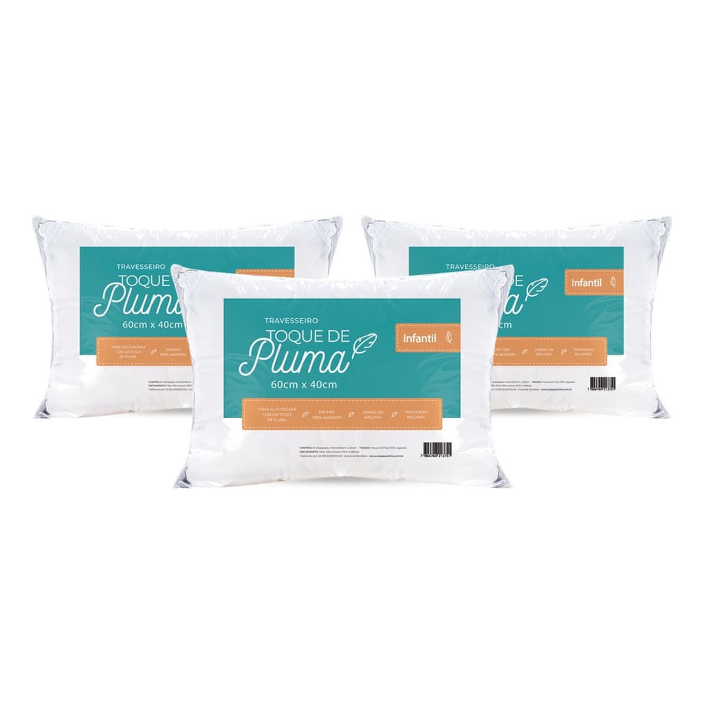 Kit 3 Travesseiros Infantil 60x40 Toque De Pluma Antialérgico Bebê Baby Confortável