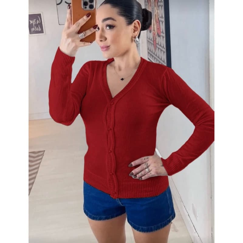 Casaco Tricot Lisa Com Botões Elastano