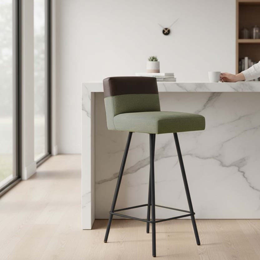 Banqueta Valen Duo Moderna Ferro Preto Estofado Suede Linho Verde / Marrom