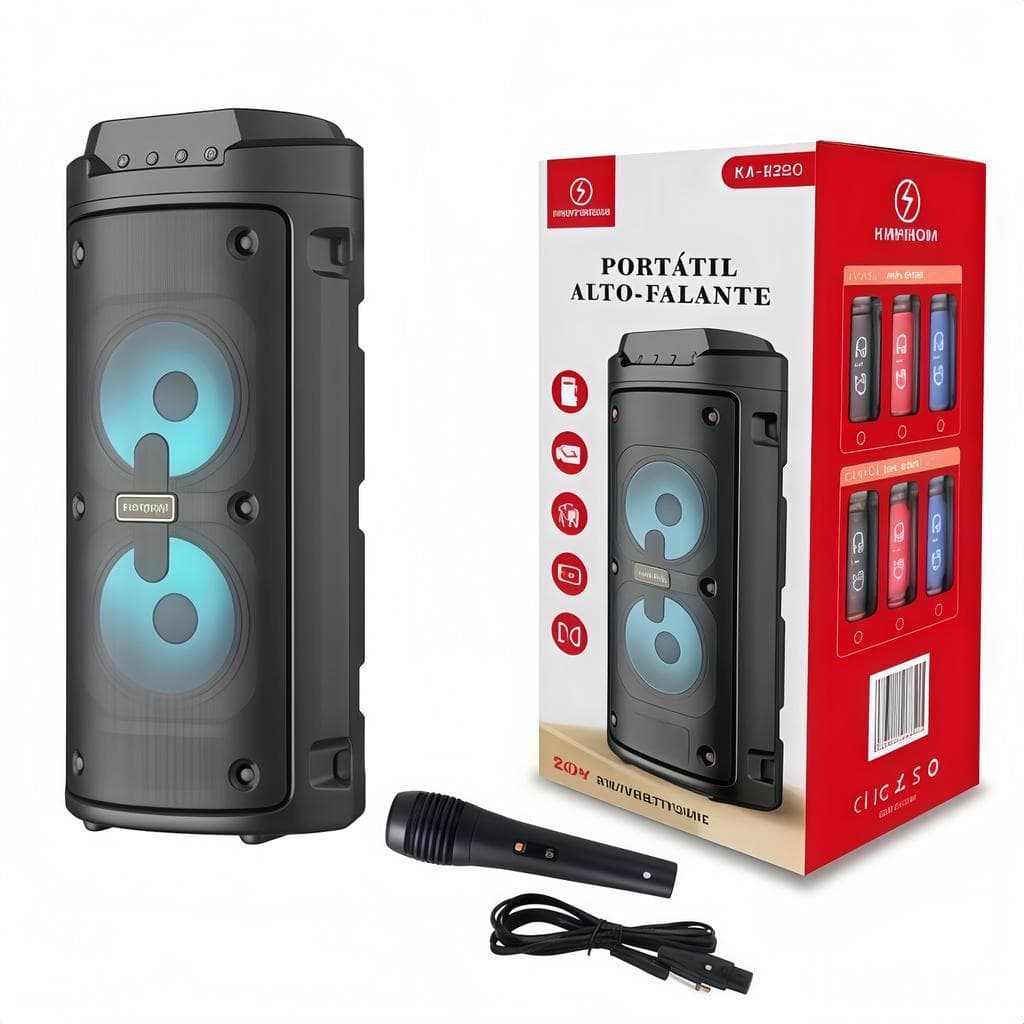 Caixa de Som Bluetooth Portátil com Rodinhas e Alça Retrátil | Som Potente, LED Colorido e Rádio FM