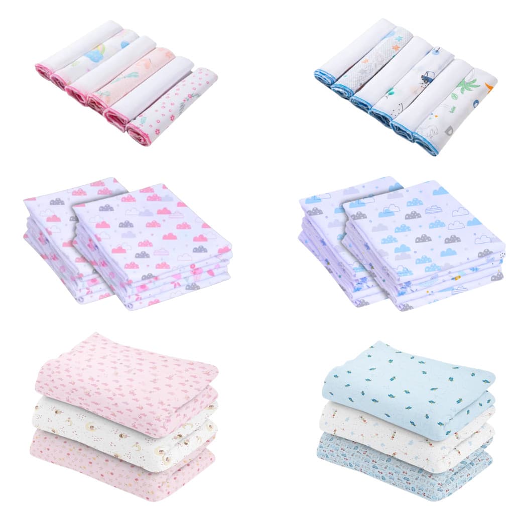 Kit Enxoval Bebê 14 Peças 100% Algodão Flanelado Estampado – 3 Cueiros + 6 Paninhos de Boca + 5 Fraldas