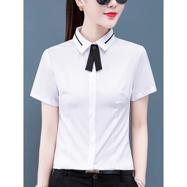Salão de negócios workwear verão camisa branca feminina manga curta magro-ajuste negócios Wear tamanho grande workwear v