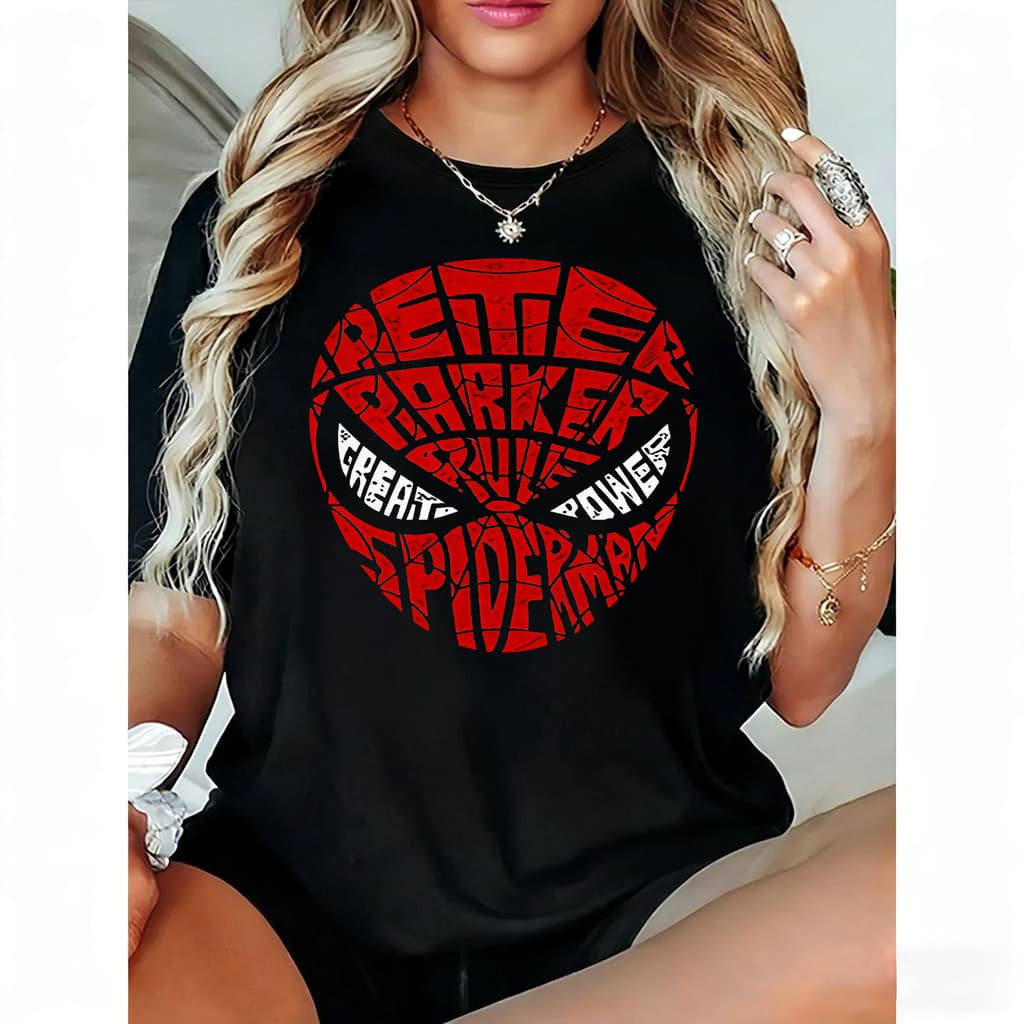 Camiseta Feminina Estampa Homem Aranha Peter Parker Moderna Fofa Estilosa Moda Feminina Casual Tendência Verão Retrô