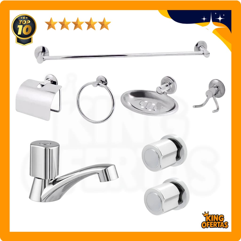 Kit Stander Acessórios Banheiro 5 peças + Torneira ABS Lavatório + 02 Acabamentos Cromados em ABS tipo Deca