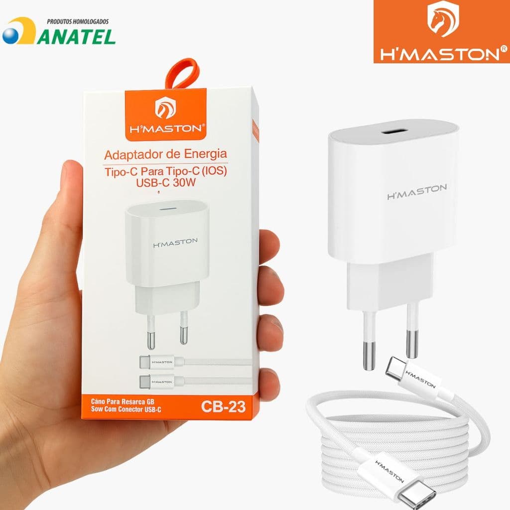 Carregador Turbo 30W Tipo-C Bivolt para iPhone e Android + Cabo Tipo-C para Tipo-C H'maston