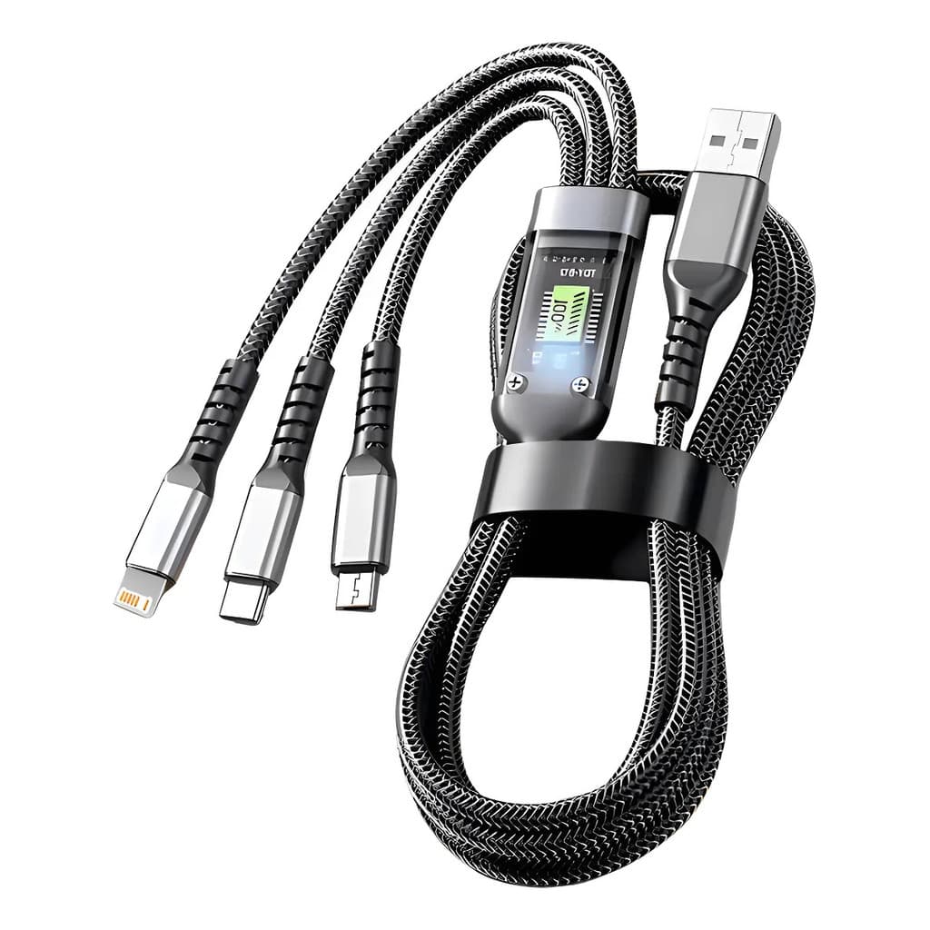 Cabo Carregador 3 Em 1 Turbo 100w Tipo C V8 Lightning Cinza Cinza