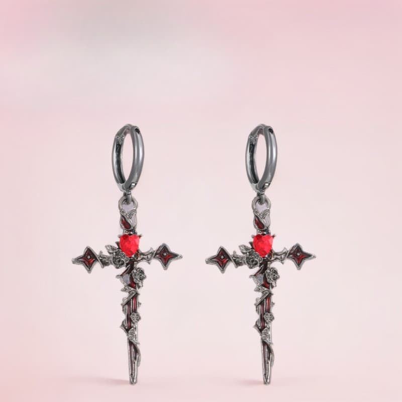 Brincos góticos retrô punk exclusivos para mulheres, em formato de cruz com espinhos e rosas cor de sangue, muito vendid