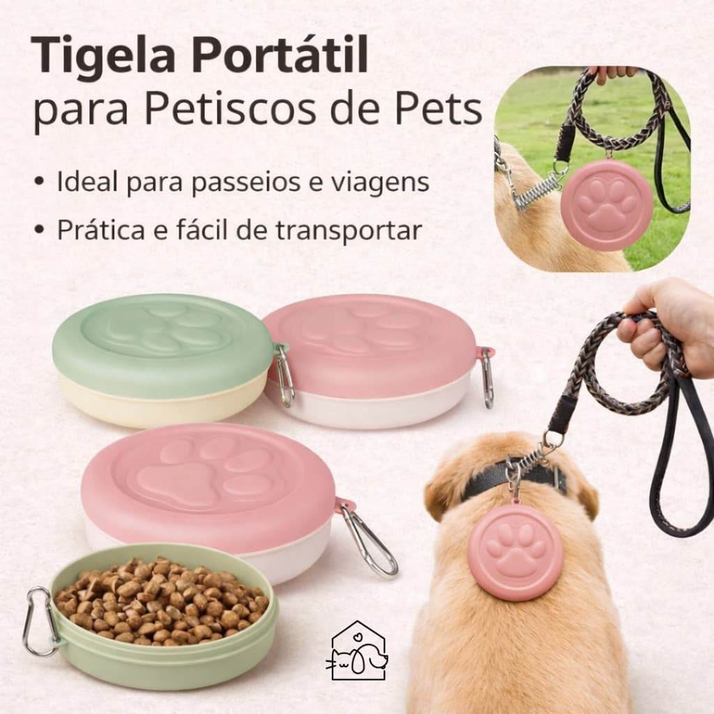 Tigela Portátil Para Pet Porta Ração Com Mosquetão Comedouro Passeio
