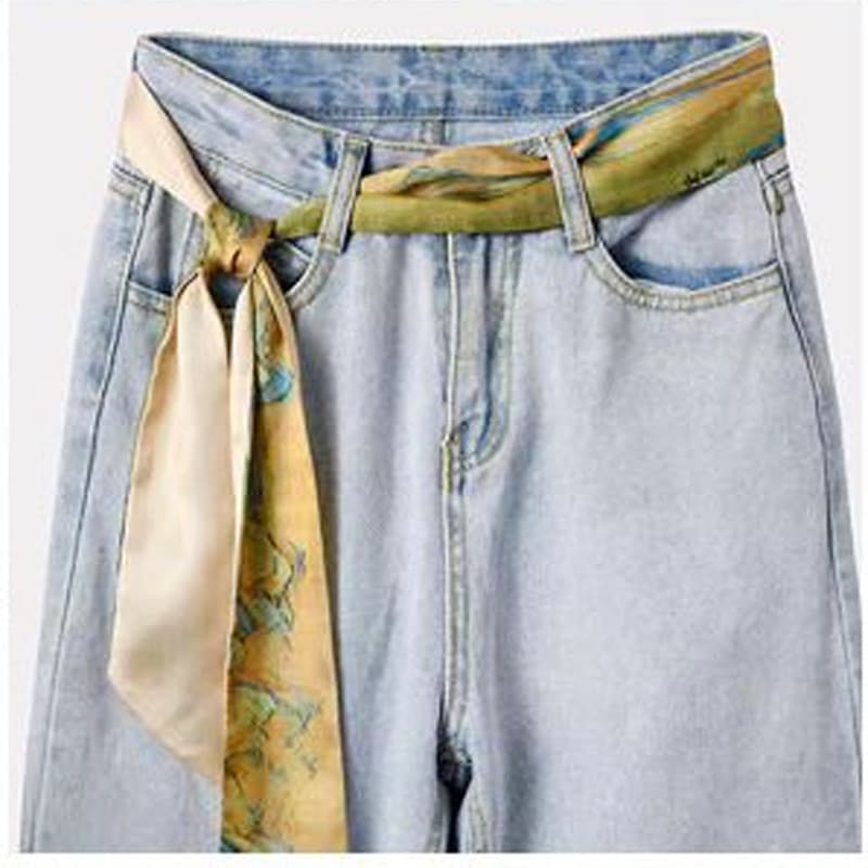 Calças fofas cinto decoração feminina fita de verão com Jeans fino impresso lenço de seda vestido atado corda de cintura