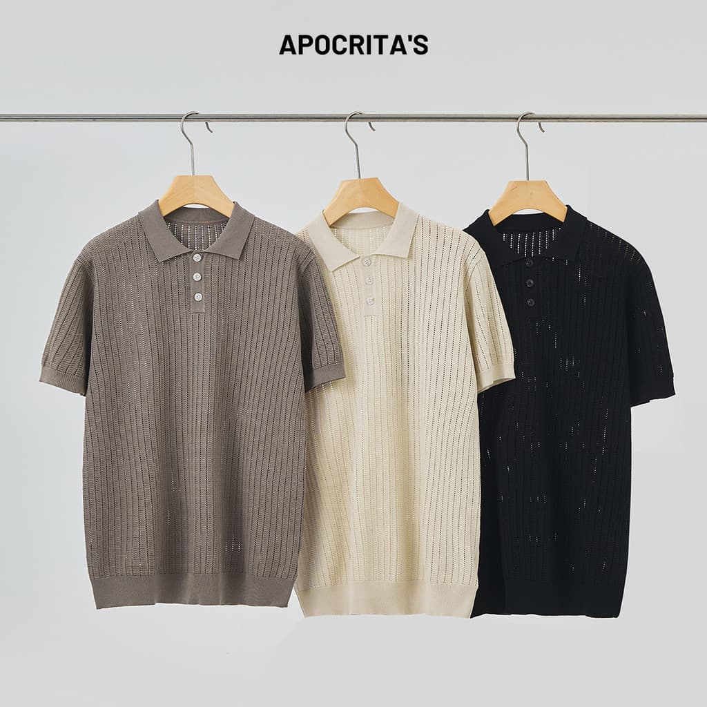Roupas Masculinas|K malha oca camisa polo de manga curta masculina verão estilo dinheiro velho luz madura Casual lapela