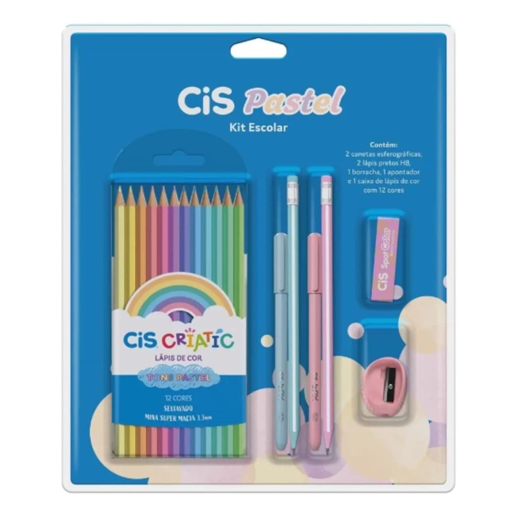 Kit Escolar Pastel 18 Peças Lápis Borracha Apontador Canetas