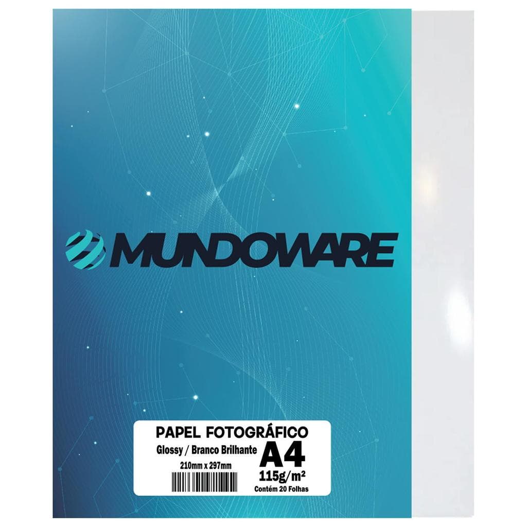 Papel Foto Glossy 115g A4 Fotográfico Branco Brilhante com 20 Folhas Mundoware