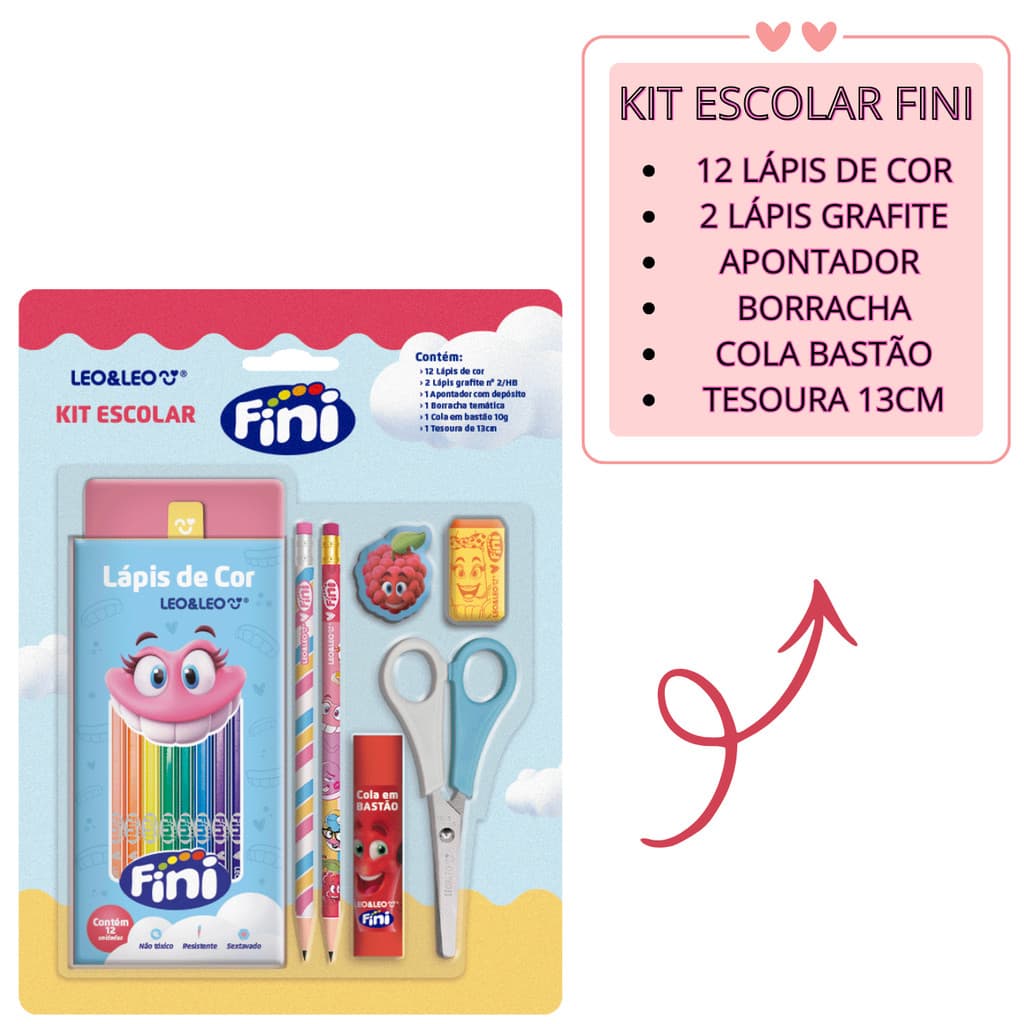 Kit Escolar Fini Temático Completo Leo&Leo com Lápis, Borracha e Acessórios