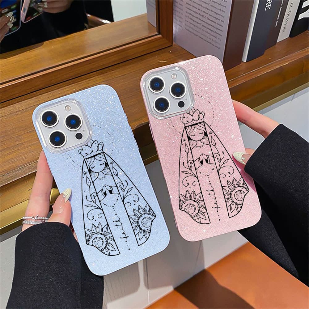 Nossa Senhora Capinha Para iPhone 17 Ar 16 15 14 Plus 13 12 11 Pro Max XR Glitter Bling Silicone Anti-Impacto À Prova De