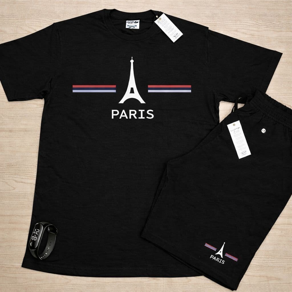 Conjunto Camiseta e Short Estampada Paris 100% Algodão + Relógio Digital