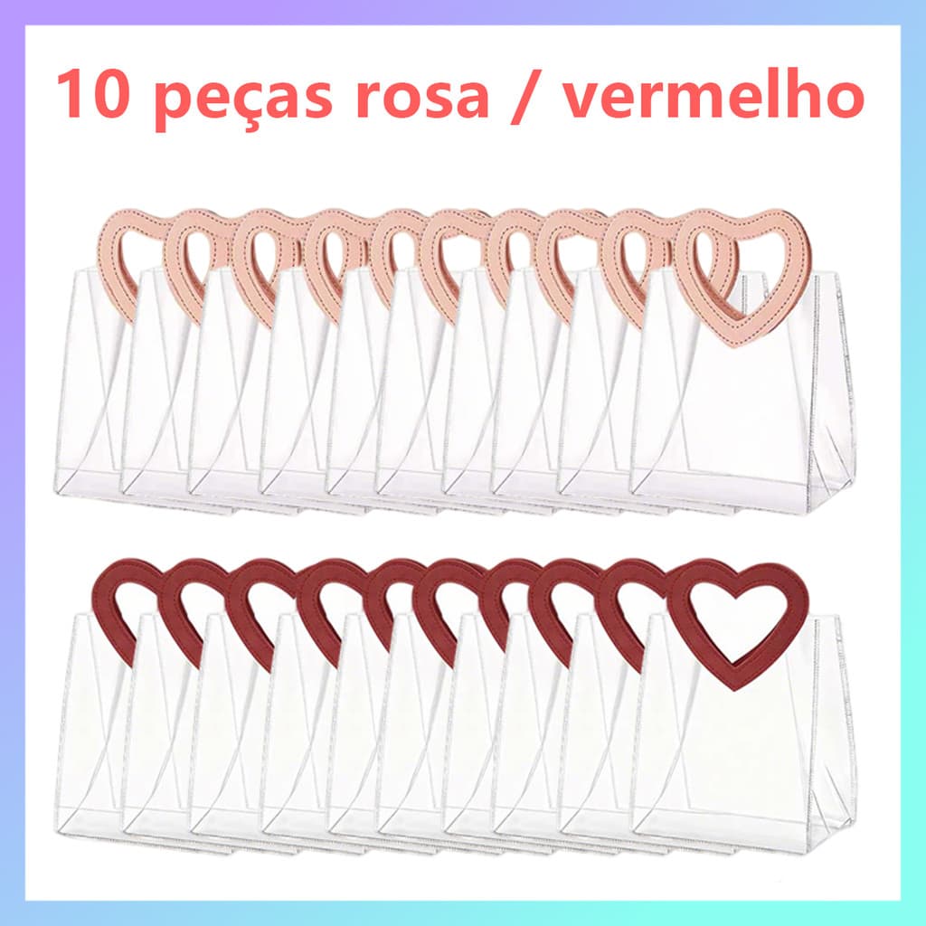 10 peças de sacola transparente love, 23x27x12cm, Sacola em PVC, reutilizável