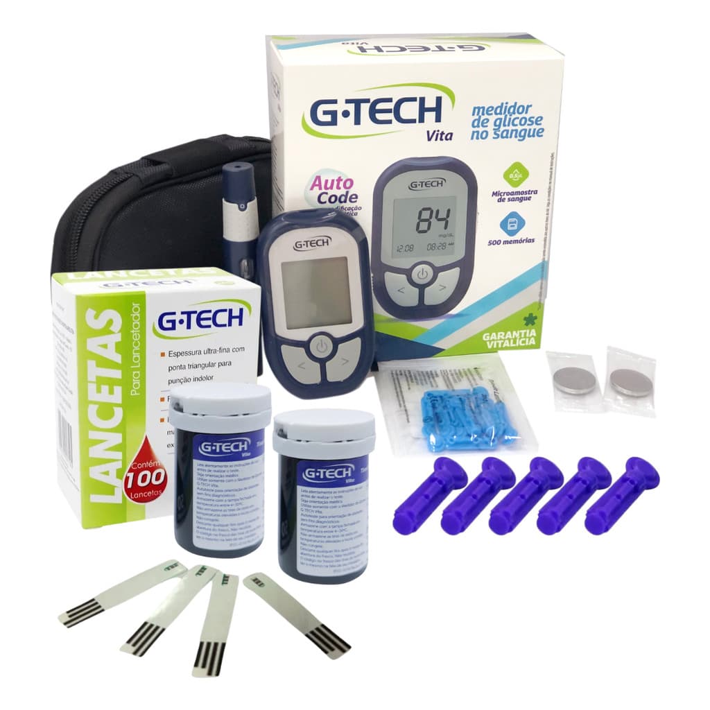 Kit G-tech Vita Monitor De Glicemia 100 Tiras 100 Lancetas P Preto