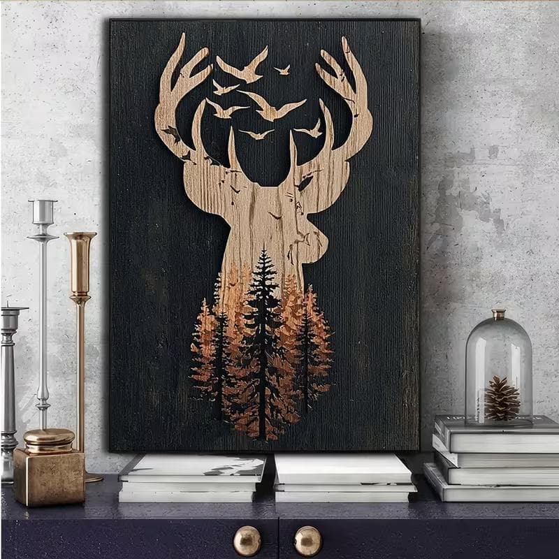 Quadro Decorativo Silhueta de Alce com Floresta e Pássaros