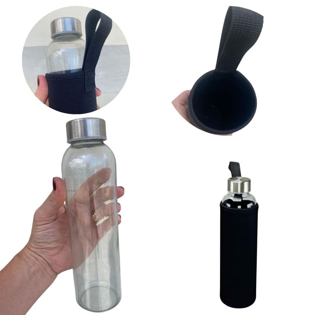 GARRAFA DE VIDRO PARA AGUA COM  LUVA NEOPRENE ESPORTIVA