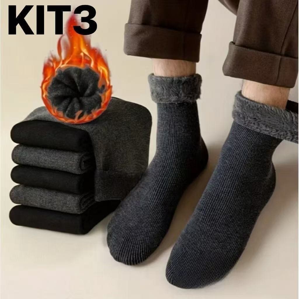 KIT3 Par Meias masculinas Grossas De Lã Térmicas Flexíveis Coloridas De Inverno