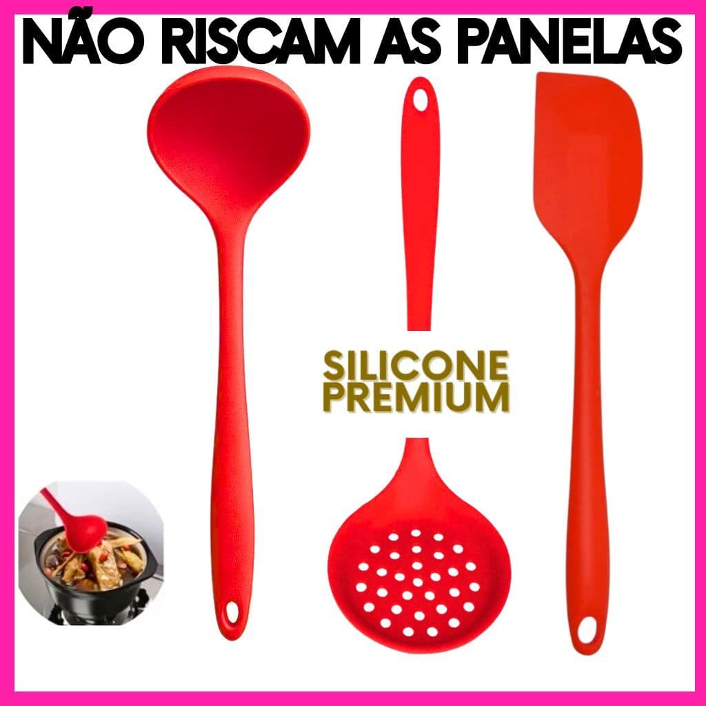 Kit 3 Utensílios de Cozinha Silicone Vermelho – Concha Escumadeira Espátula Resistente ao Calor