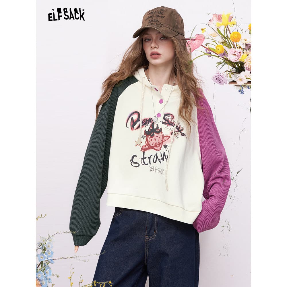Fada bolso contraste cor Raglan morango impressão em torno do pescoço moletom feminino 2026 primavera novo estilo pequen