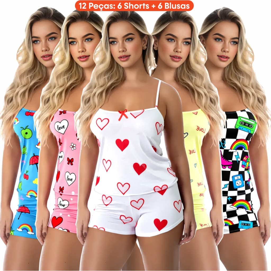 Kit 12 Peças (6 Conjuntos) Pijama Feminino Baby Doll Short Doll Estampado Sem Bojo Roupa Dormir