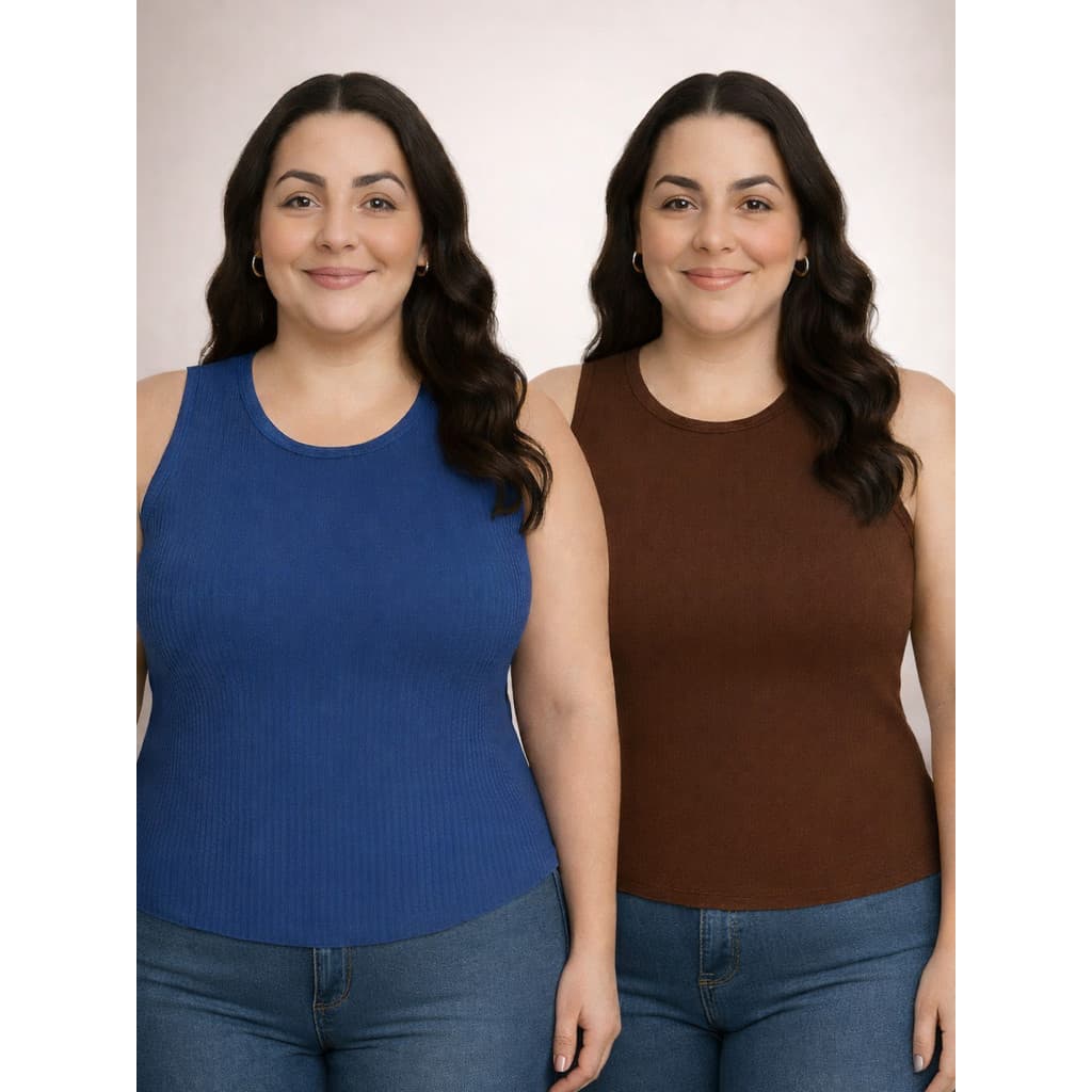 Kit 2 Blusas Regatas Femininas Plus Size – Alça Larga | Ribana com Toque Suave, Alta Qualidade e Conforto