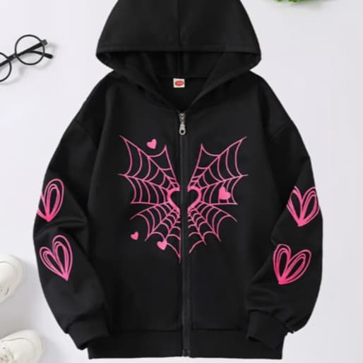 Blusa Moletom  Ziper Feminina Moletom Canguru Teia Love Spider Coração Forrado Casual Bolsos Capuz