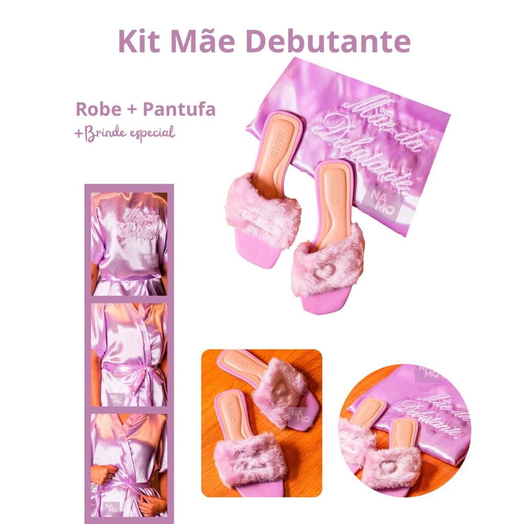 Kit Especial Mãe da Debutante Robe Lavanda + Pantufa Bordada Branca com Brinde