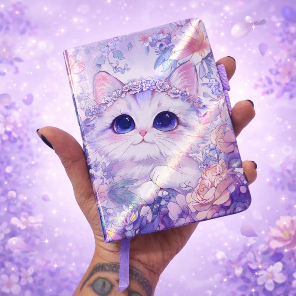 Caderno Com Pauta, Premium, Tamanho A6, Capa Dura Gatinho Fofo, Marca Página em Fita