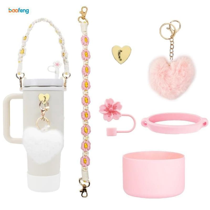 6 Pçs Conjunto De Garrafa De Água Decorativa Alça Capa De Palha Manga Silicone Tampa Chaveiro Pingente
