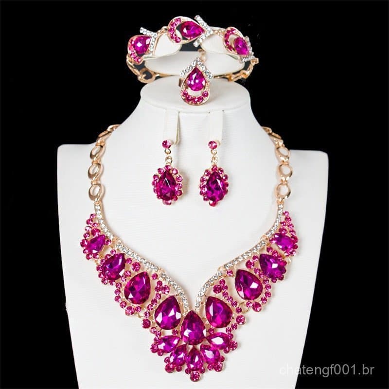 Conjunto De Jóias Mulher De Noiva Para Casamento Colar De Cristal Austríaco E Brincos Em Forma De Pulseira Anel Com Vest