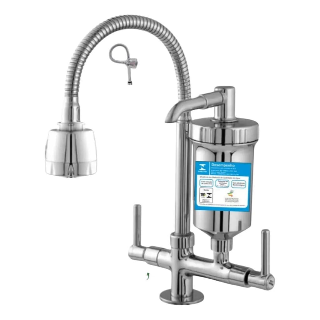Torneira Gourmet Cozinha Filtro Purificador Bica Alta Flexível 2 Jatos Inox Cromada Bancada Luxo