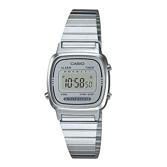 Relógio Digital Unissex Prata Casio Digital Vintage Mini LA670WA-7DF Relógio de Pulso Feminino Masculino