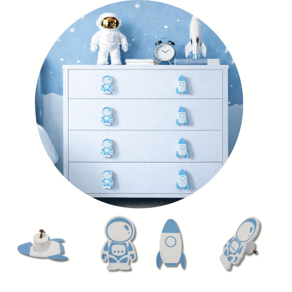 Kit 10 Puxadores Infantil 5 Astronauta e 5 Foguete para Gaveta Armário Decoração Quarto Criança