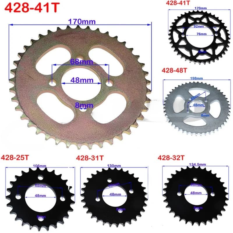 Coroa Traseira de Corrente 428 25T/31T/32T/37T/39T/41T/42T/48T 48mm 76mm para ATV, Quad, Pit Bike, Buggy, Kart, Motocicl