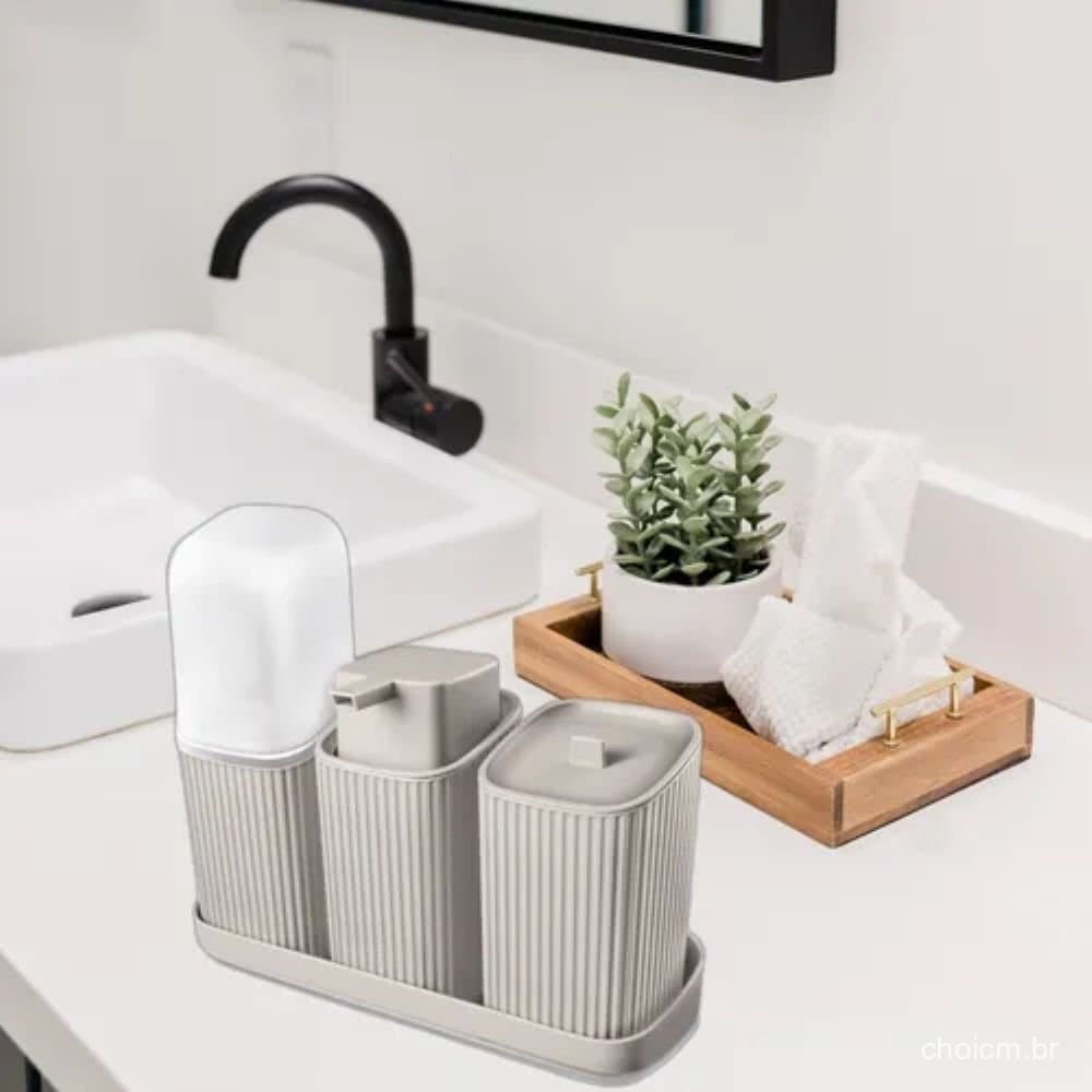 Kit Banheiro Suporte Escova Porta Algodão Sabonete Liquido E Dispense Premium Cinza