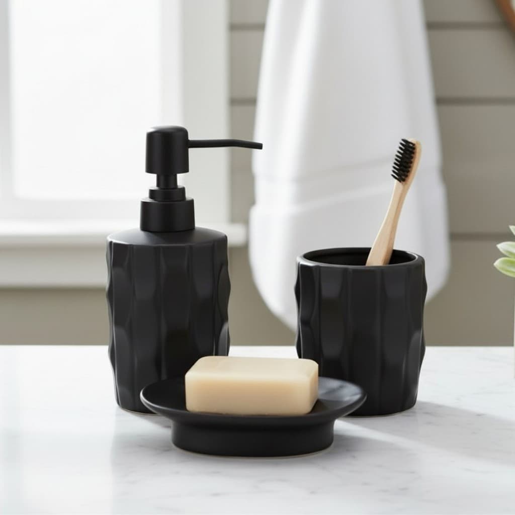 Kit Banheiro Lavabo 3 Peças Dispenser 250ml Saboneteira Pote Preto Decoração