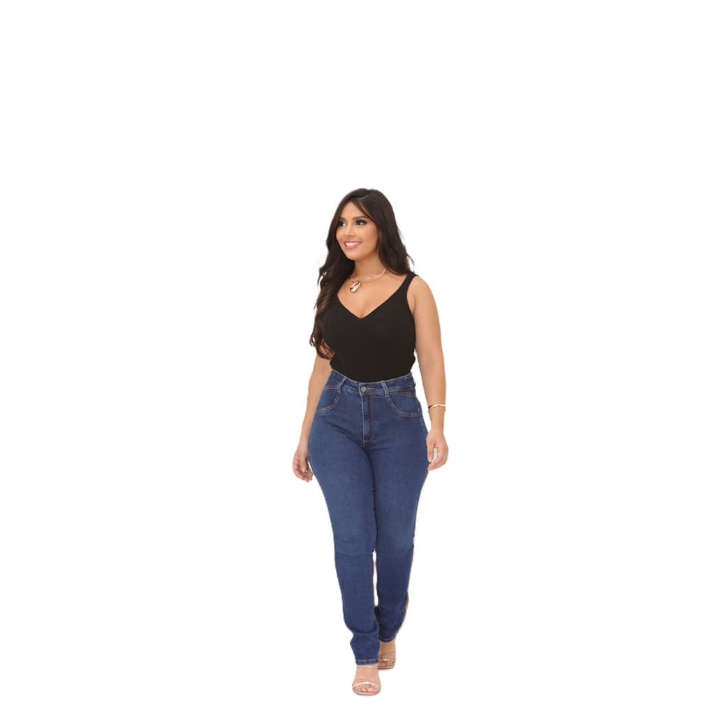 Calça Jeans Reta Lycra Feminina Recorte Cintura Alta Bolsos Cambos