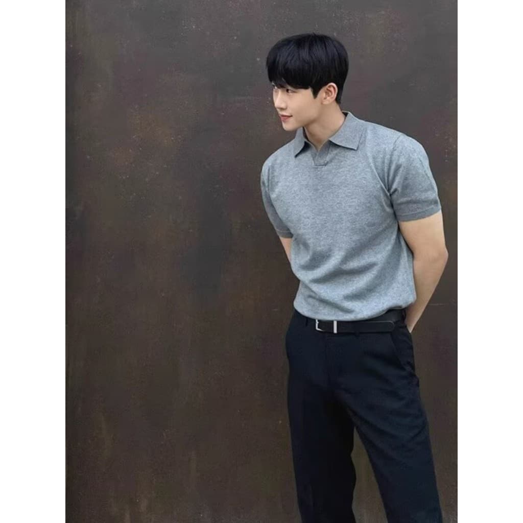 Camisa polo masculina de malha com decote em v empilhada estilo americano, sensação de alta qualidade, legal, respirável