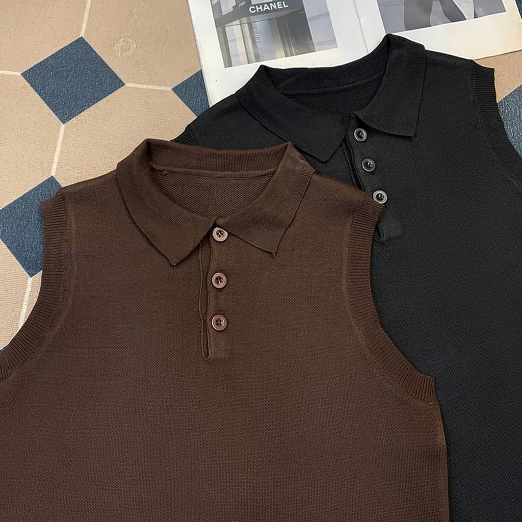 Merad café cor gola polo colete de malha masculino em camadas solto All-Match Retro sem mangas colete camisola