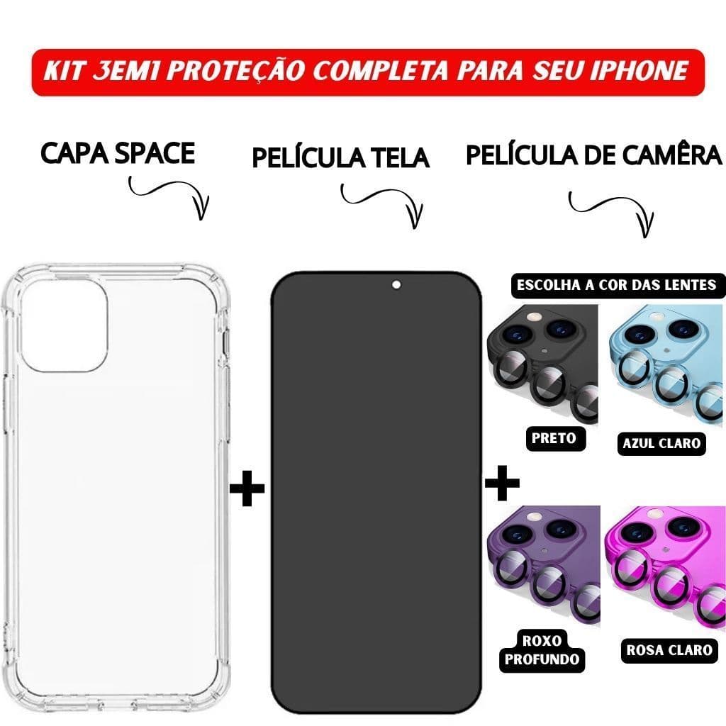 Kit 3em1 Capa Space + Vidro 3D Privacidade + Câmera Colorida iPhone 11 a 16 _BoutAcs